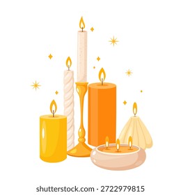 Ilustración vectorial de una colección de vela acogedora con velas decorativas ardientes en tonos amarillos y naranjas cálidos, diseño festivo minimalista aislado sobre fondo blanco
