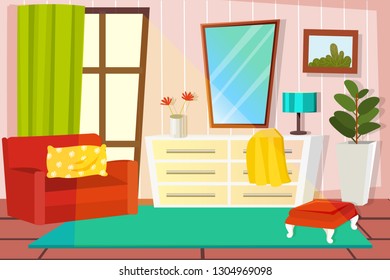 Vector illustration of a cozy cartoon interior of a home room, a living room with an armchair and a chest of drawers, a window and a Ottoman.