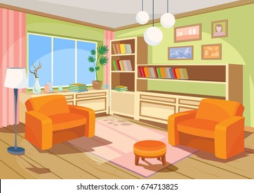 Vector illustration of a cozy cartoon interior of an orange home room, a living room with two soft armchairs, ottoman, chest of drawers, book shelves and floor lamp