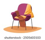 Vector illustration of a cozy chair with a blanket draped over it, isolated on a white background. Perfect for interior decor designs, relaxation themes, or cozy illustrations.