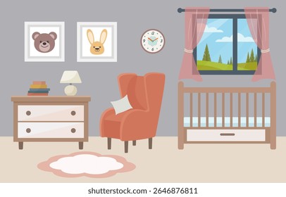 Vector illustration of a cozy children's room interior in flat style. A crib, an armchair, a chest of drawers, books, framed photographs of animals, a window with a picturesque daytime view.