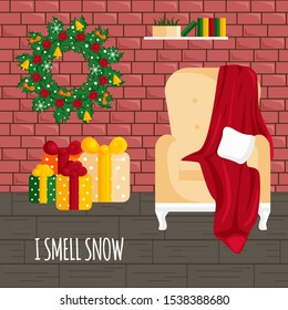 Vector Illustration of Cozy Christmas Interior in Flat Cartoon Style. Design of Loft Style Interior with Christmas Wreath, Gifts, Armchair and Blanket. Background with Brick Wall and Wooden Floor