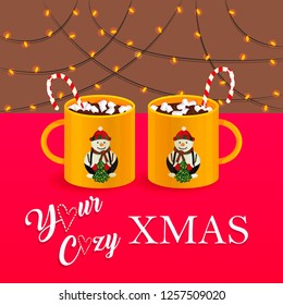 Vector Illustration of Cozy Christmas with Mugs of Hot Chocolate. Drawing of New Year Atmosphere with Garland, Candy Cane, Marshmallow and Snowman. Usable for Greeting Cards, Flyers, Banners and etc