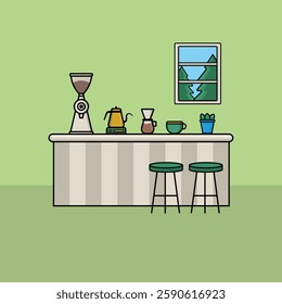 Vector illustration of a cozy coffee bar featuring a grinder, kettle, dripper, cups, stools, and a scenic window