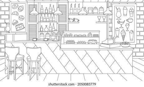 Vector illustration, cozy coffee house restaurant, coloring book