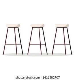 Vector illustration of cozy and comfortable wooden metal high bar or kitchen chairs with padded seat and footrest isolated on white background. Flat style furniture element for modern interior design.