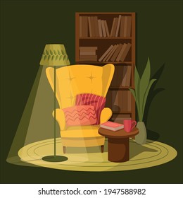 Vektorgrafik einer gemütlichen Ecke in einem Wohnzimmer mit Sessel und Bücherregal in natürlichen Farben.