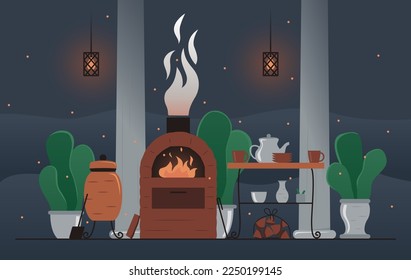 Vektorgrafik eines gemütlichen Abends am Kamin. Inneneinrichtung mit Kamin, Tisch, Tee und Brennholz. Außen mit einer gemütlichen, warmen Atmosphäre.