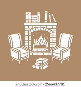 Vector illustration of a cozy fireplace with armchairs, books, and shelves in a hand-drawn style. Perfect for home decor, warmth concepts, and cozy interior designs.