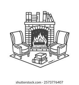 Vector illustration of a cozy fireplace with bookshelves, armchairs, and books in a hand-drawn monochrome style. Ideal for interior design themes, cozy home concepts, and decoration projects