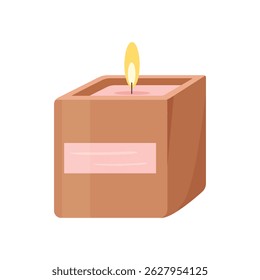 Vector illustration with cozy flaming candle in square form isolated on white background.	
