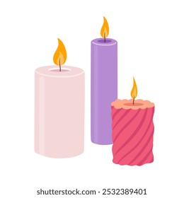 Ilustración vectorial con acogedoras velas flameantes en colores beige, rosa y púrpura.