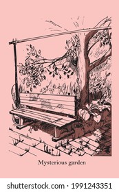Ilustración vectorial de un acogedor jardín con banco