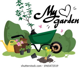 Vector illustration of a cozy garden. Planting plants, garden supplies