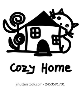 Vector illustration cozy home with cat. Lettering in Ingles. Single line design. Suitable for logo design, card, web and print.