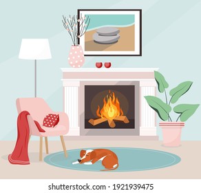 Ilustración vectorial Interior acogedor. Salón con chimenea, lámpara de pie, jarrón. El cuadro está colgado sobre la chimenea. El perro está durmiendo en la alfombra. Cómodo sillón con manta de almohadas