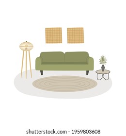 Vector illustration, cozy home interior in japandi style. Japandi means mix of japanese and scandinavian style. Isolated illustration.Living room design.