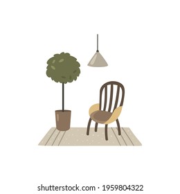 Vector illustration, cozy home interior in japandi style. Japandi means mix of japanese and scandinavian style. Isolated illustration.