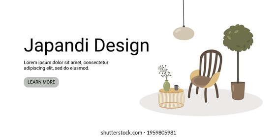 Vector illustration, cozy home interior in japandi style. Japandi means mix of japanese and scandinavian style. Isolated illustration. Web site banner design.