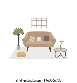 Vector illustration, cozy home interior in japandi style. Japandi means mix of japanese and scandinavian style. Isolated illustration. Minimalist living room design.