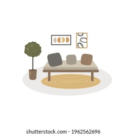 Vector illustration, cozy home interior in japandi style. Japandi means mix of japanese and scandinavian style. Isolated illustration. Living room design.