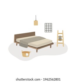 Vector illustration, cozy home interior in japandi style. Japandi means mix of japanese and scandinavian style. Isolated illustration. Bedroom interior.
