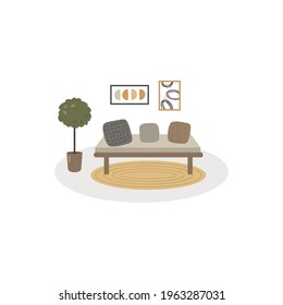 Vector illustration, cozy home interior in japandi style. Japandi means mix of japanese and scandinavian style. Isolated illustration.