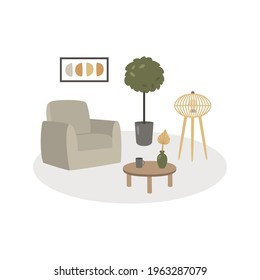 Vector illustration, cozy home interior in japandi style. Japandi means mix of japanese and scandinavian style. Isolated illustration. Trendy living room design.