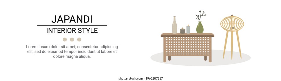 Vector illustration, cozy home interior in japandi style. Japandi means mix of japanese and scandinavian style. Isolated illustration. Web site banner design.