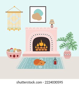 vector illustration of cozy home interior, living room with fireplace, plant, busket, carpet, painting hangs over fireplace, cat is sleeping on carpet, flat style