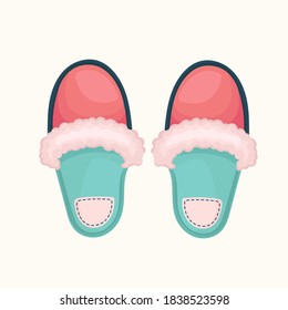 Vector Illustration of Cozy Home Slippers in Cartoon style. Warm, Woolly Fluffy Shoes. Winter Cute Accessories for Design,Web,Graphic. Isolated on white background.