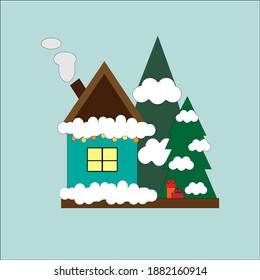 vector illustration of a cozy house in the forest, merry christmas, happy new year
