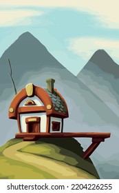 Vector illustration of a cozy house on a hill