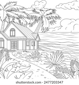 Vector illustration, cozy house on the shore, book coloring.