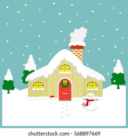 vector illustration of a cozy house in winter season with two snowman outside