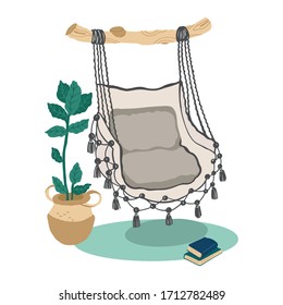 Vector illustration of a cozy interior with a hammock chair. Privacy, a place to relax and read.