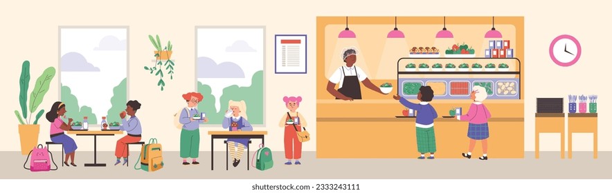 Ilustración vectorial del acogedor interior de la cafetería escolar con personal y mobiliario. Los escolares toman y comen bebidas y comidas. Niños de caricatura con tiempo libre para almorzar en el comedor escolar