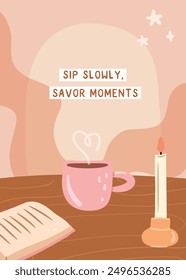 Vector illustration of a cozy interior with tea and a book. The hand drawn poster emphasizes coziness and relaxation.
