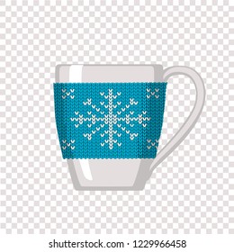 Vector illustration of cozy knitting blue with pattern snowflake for cup on transparent background