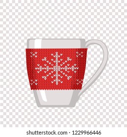 Vector illustration of cozy knitting red with pattern snowflake for cup on transparent background