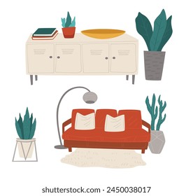 Vector illustration of cozy living room interior with stylish furniture, isolated on white.