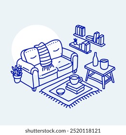 Ilustración vectorial acogedora sala de estar con sofá, mesa de centro, estanterías y plantas de interior en estilo minimalista de arte de línea azul sobre fondo claro. Decoración del hogar, diseño de interiores y temas de estilo de vida.