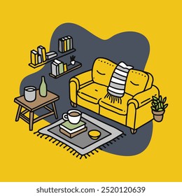 Vetor ilustração acolhedora sala de estar com sofá amarelo, mesa de café, estantes, plantas interiores em estilo minimalista com cores vibrantes. Decoração de casa, design de interiores e conceitos de estilo de vida moderno.