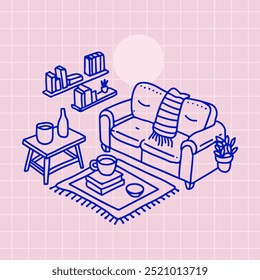 Ilustración vectorial acogedora sala de estar con sofá, mesa de centro, estanterías y plantas de interior en estilo minimalista de arte de línea azul sobre fondo claro. Decoración del hogar, diseño de interiores y temas de estilo de vida.