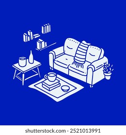 Ilustración vectorial acogedora sala de estar con sofá, mesa de centro, libros, plantas de interior en estilo minimalista de arte de línea blanca sobre fondo azul. Decoración del hogar, diseño de interiores y temas de estilo de vida