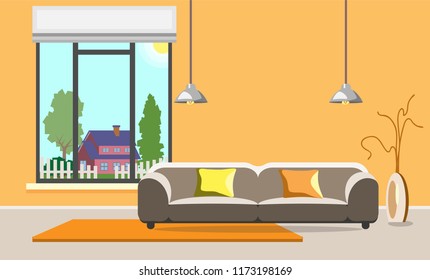Vector illustration of cozy modern bedroom, living room with contemporary bed, interior inside. Colorful background, spacius apartment with furniture