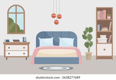 Vector Illustration of Cozy Modern Bedroom Interior with Double Bed, Bookshelf, Window, Houseplant and Pendant Lamps – Flat Design for Home Decor and Lifestyle Projects