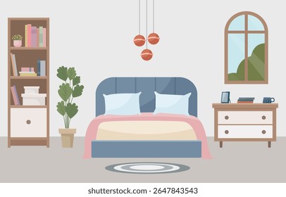 Vector Illustration of Cozy Modern Bedroom Interior with Double Bed, Bookshelf, Window, Houseplant and Pendant Lamps – Flat Design for Home Decor and Lifestyle Projects
