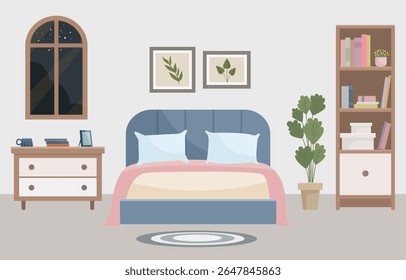 Vector Illustration of Cozy Modern Bedroom Interior with Double Bed, Bookshelf, Window, Houseplant and Pendant Lamps – Flat Design for Home Decor and Lifestyle Projects.