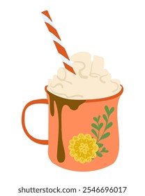 Ilustración vectorial de taza acogedora con chocolate caliente, nata batida, malvaviscos y una pajita rayada. Perfecto para temas de invierno, recetas y diseños de vacaciones. Dibujado a mano sobre fondo blanco